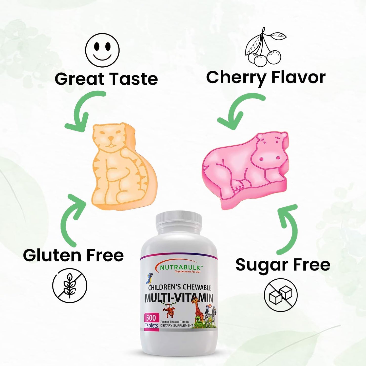 USA-Made NutraBulk Children's Chewable Multi-Vitamins - Supports Kids' Immune, Bone, Brain & Overall Well-Being - Vegan & Gluten-Free - 500 Cherry Tablets