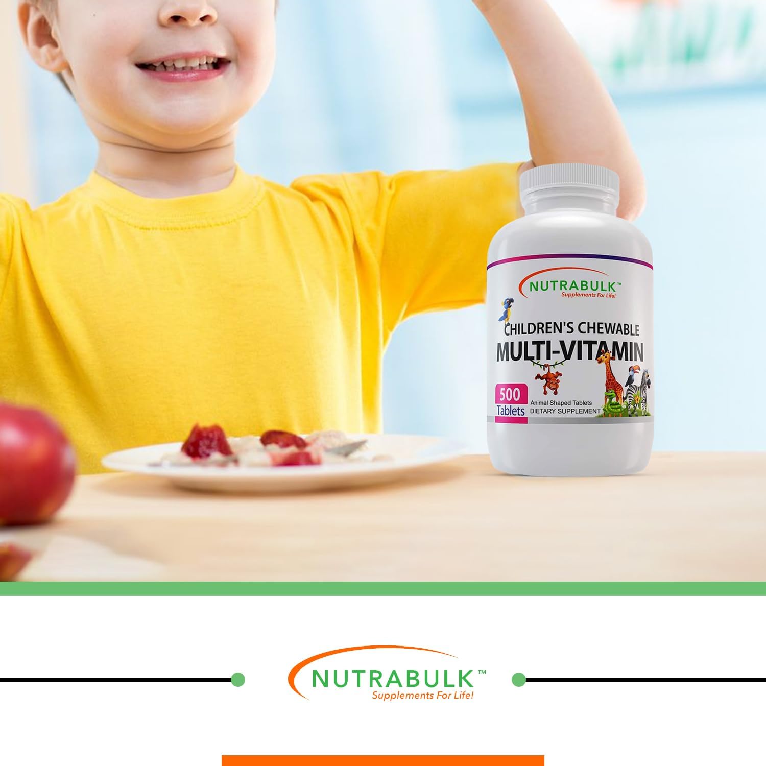 USA-Made NutraBulk Children's Chewable Multi-Vitamins - Supports Kids' Immune, Bone, Brain & Overall Well-Being - Vegan & Gluten-Free - 500 Cherry Tablets