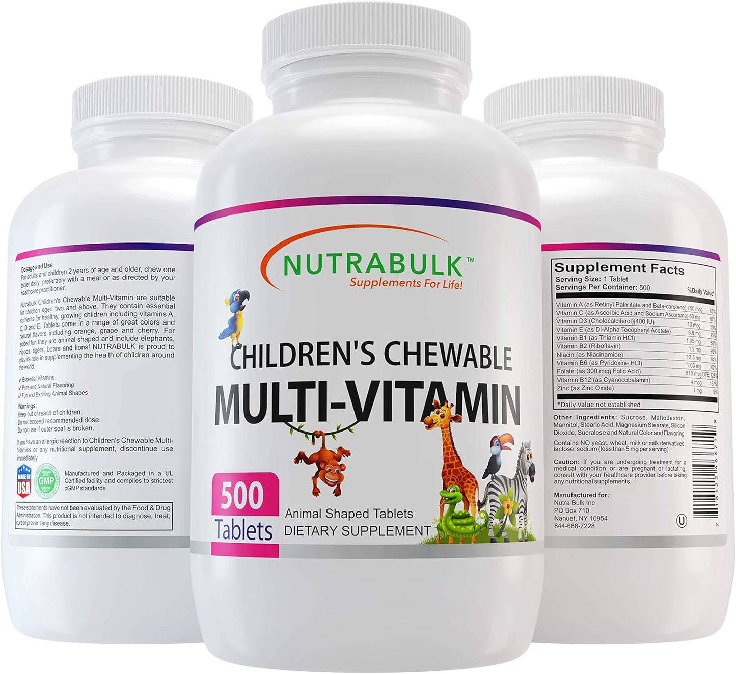 USA-Made NutraBulk Children's Chewable Multi-Vitamins - Supports Kids' Immune, Bone, Brain & Overall Well-Being - Vegan & Gluten-Free - 500 Cherry Tablets