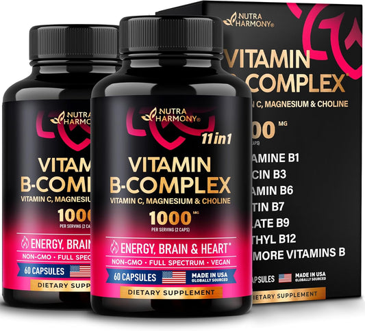 USA Made NUTRAHARMONY 11-in-1 Vitamin B Complex with Vitamin C - Energy, Brain & Heart Support for Men & Women - 2 Pack