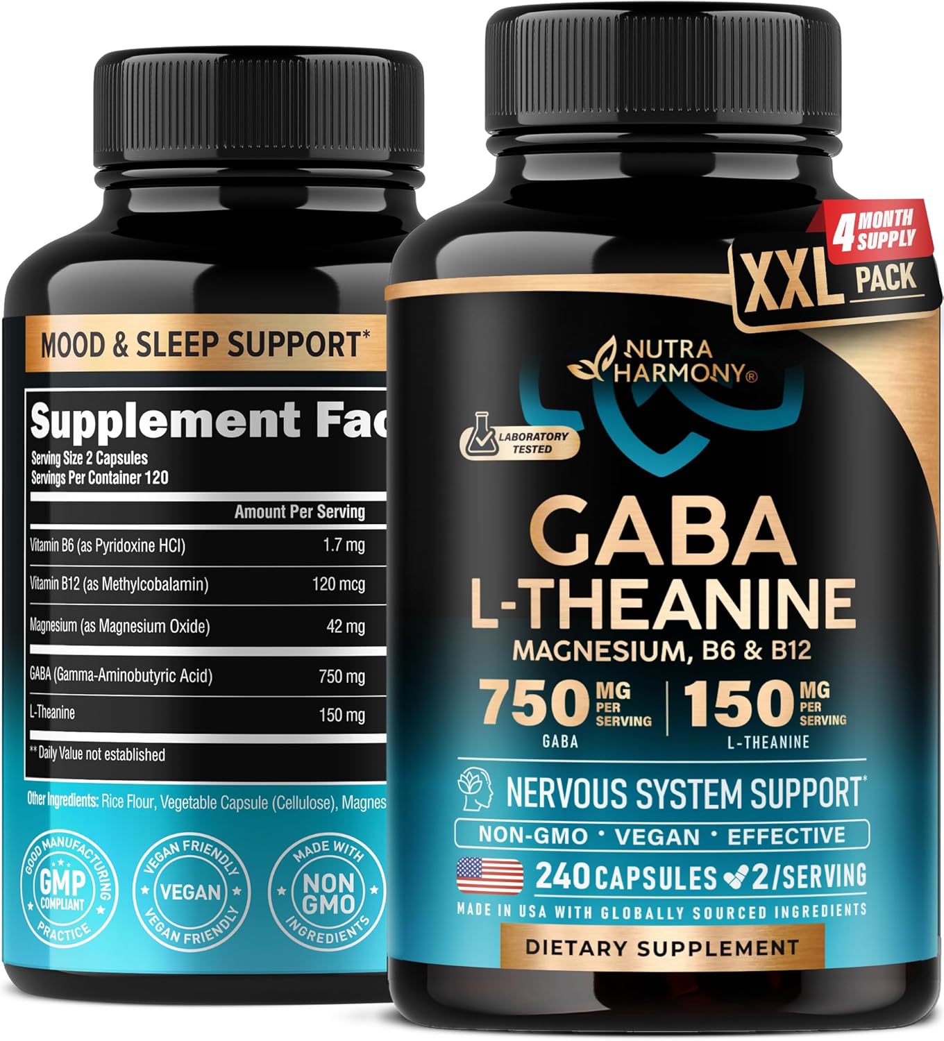 USA-Made NutraHarmony GABA L-Theanine Capsules for Calm, Sleep, and Mood - 900mg GABA, 750mg L-Theanine, Magnesium, Vitamin B6 - Non-Habit Forming, Vegan - 240 Capsules
