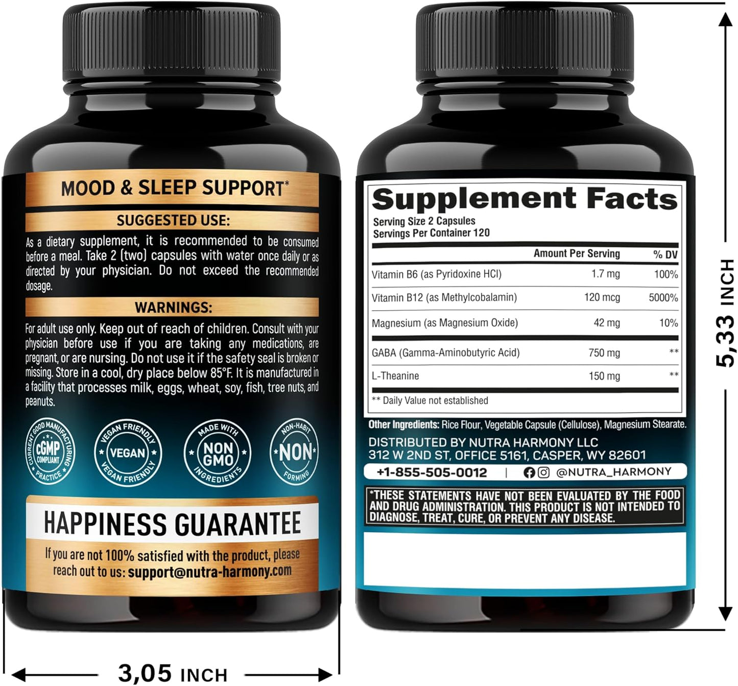 USA-Made NutraHarmony GABA L-Theanine Capsules for Calm, Sleep, and Mood - 900mg GABA, 750mg L-Theanine, Magnesium, Vitamin B6 - Non-Habit Forming, Vegan - 240 Capsules