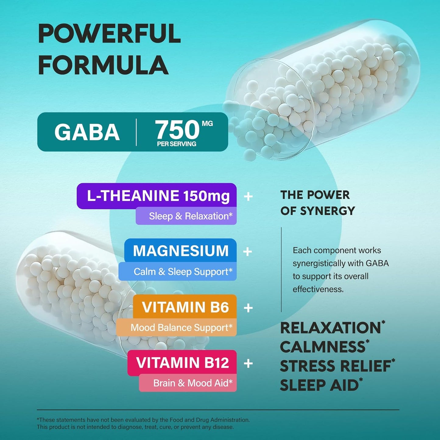 USA-Made NutraHarmony GABA L-Theanine Capsules for Calm, Sleep, and Mood - 900mg GABA, 750mg L-Theanine, Magnesium, Vitamin B6 - Non-Habit Forming, Vegan - 240 Capsules