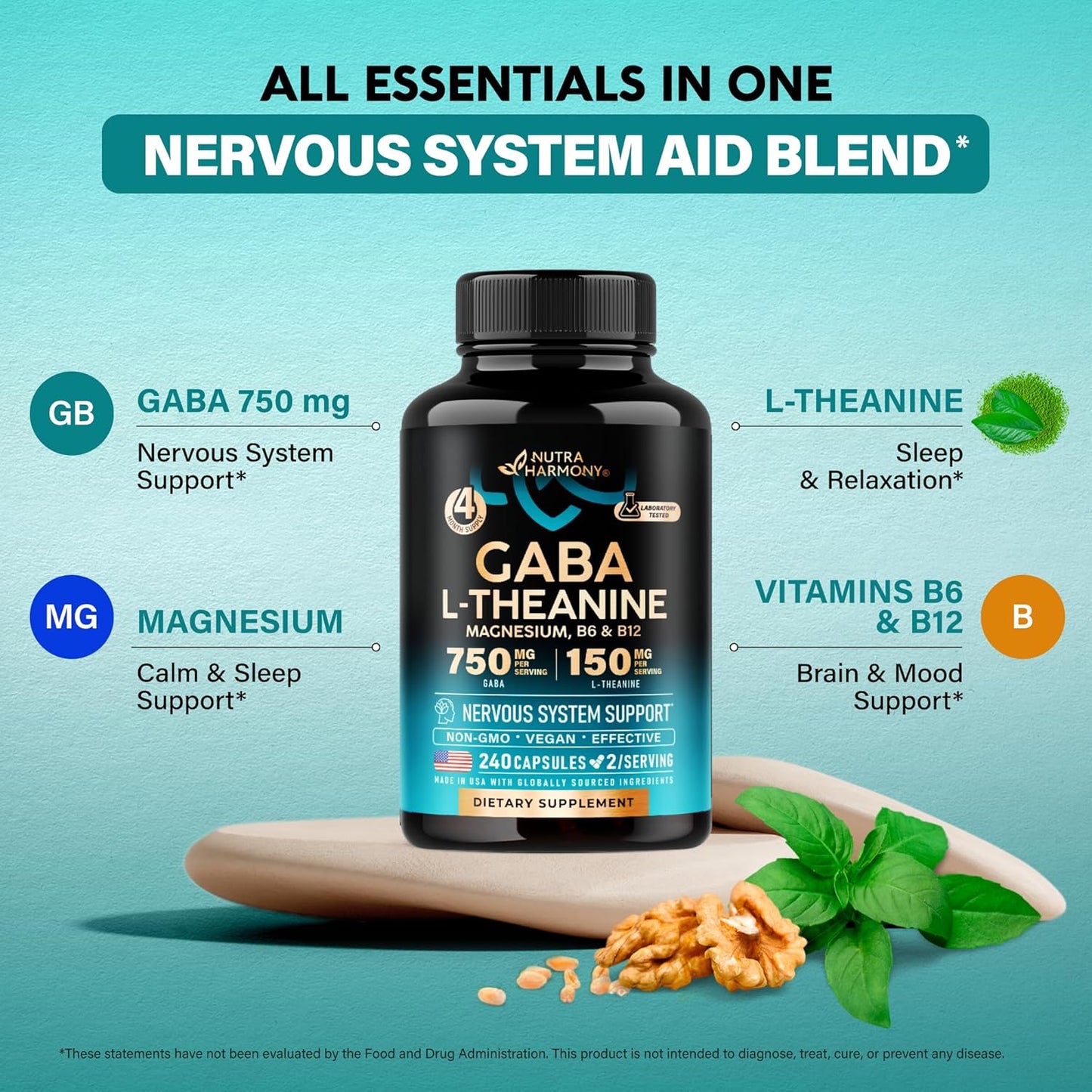 USA-Made NutraHarmony GABA L-Theanine Capsules for Calm, Sleep, and Mood - 900mg GABA, 750mg L-Theanine, Magnesium, Vitamin B6 - Non-Habit Forming, Vegan - 240 Capsules