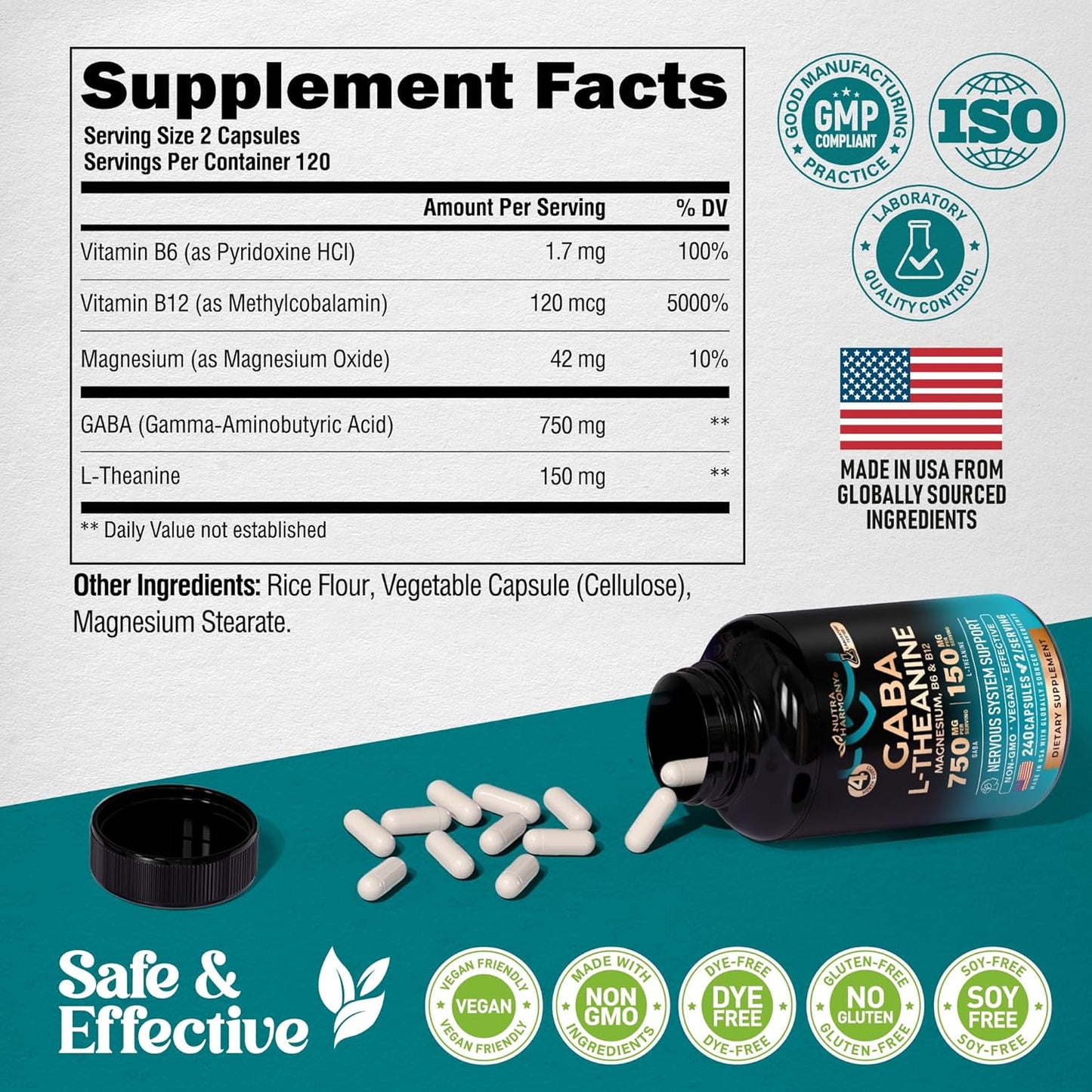 USA-Made NutraHarmony GABA L-Theanine Capsules for Calm, Sleep, and Mood - 900mg GABA, 750mg L-Theanine, Magnesium, Vitamin B6 - Non-Habit Forming, Vegan - 240 Capsules