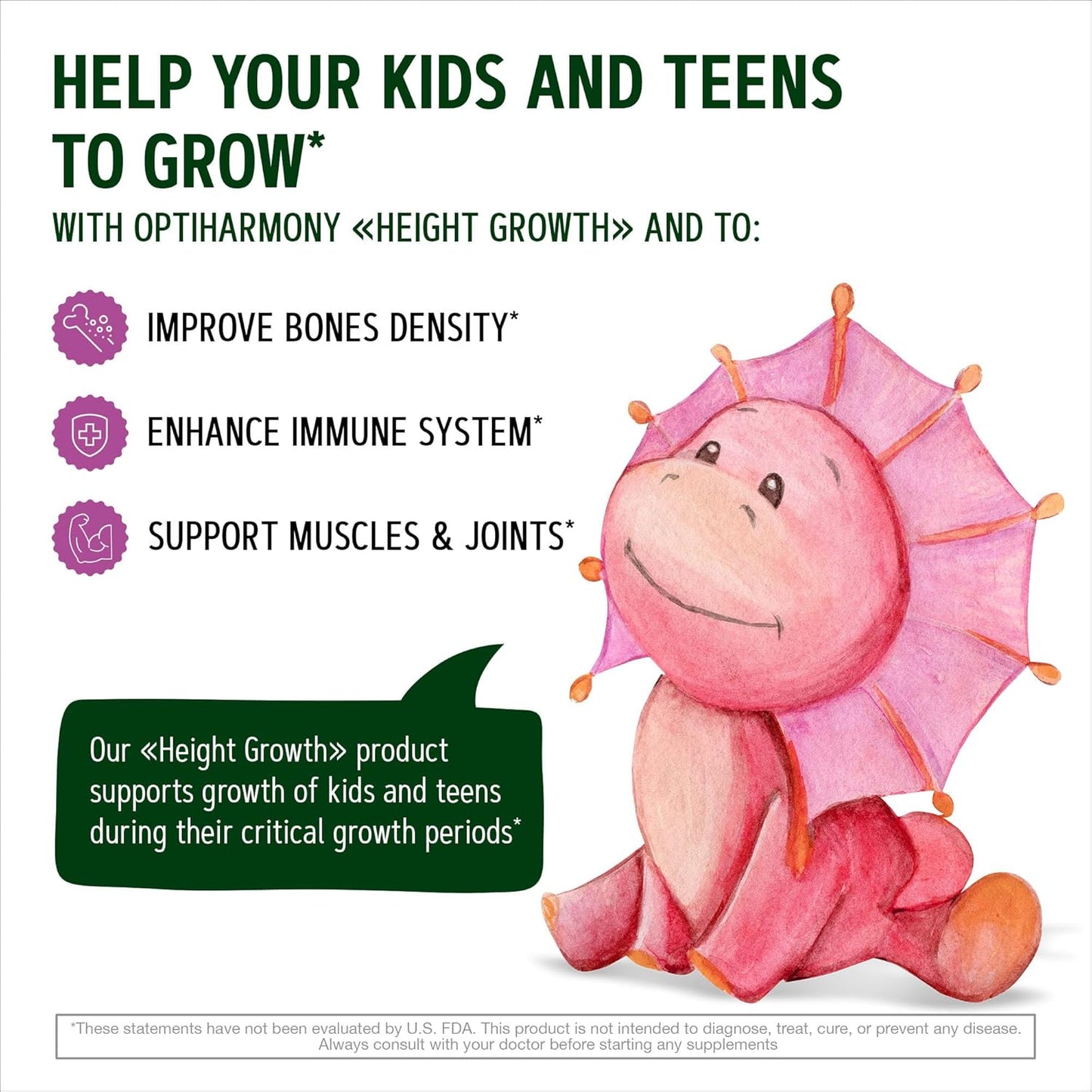 USA-Made OptiHarmony Height Growth Maximizer: Natural Supplement for Bone Growth in Adults, Teens & Kids - Boost Height with Vitamins - 120 Capsules
