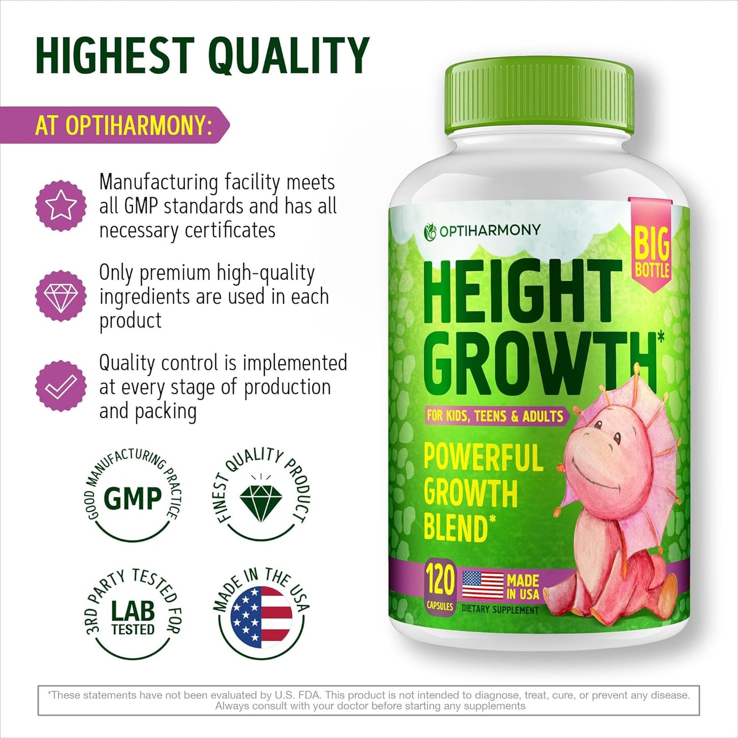 USA-Made OptiHarmony Height Growth Maximizer: Natural Supplement for Bone Growth in Adults, Teens & Kids - Boost Height with Vitamins - 120 Capsules