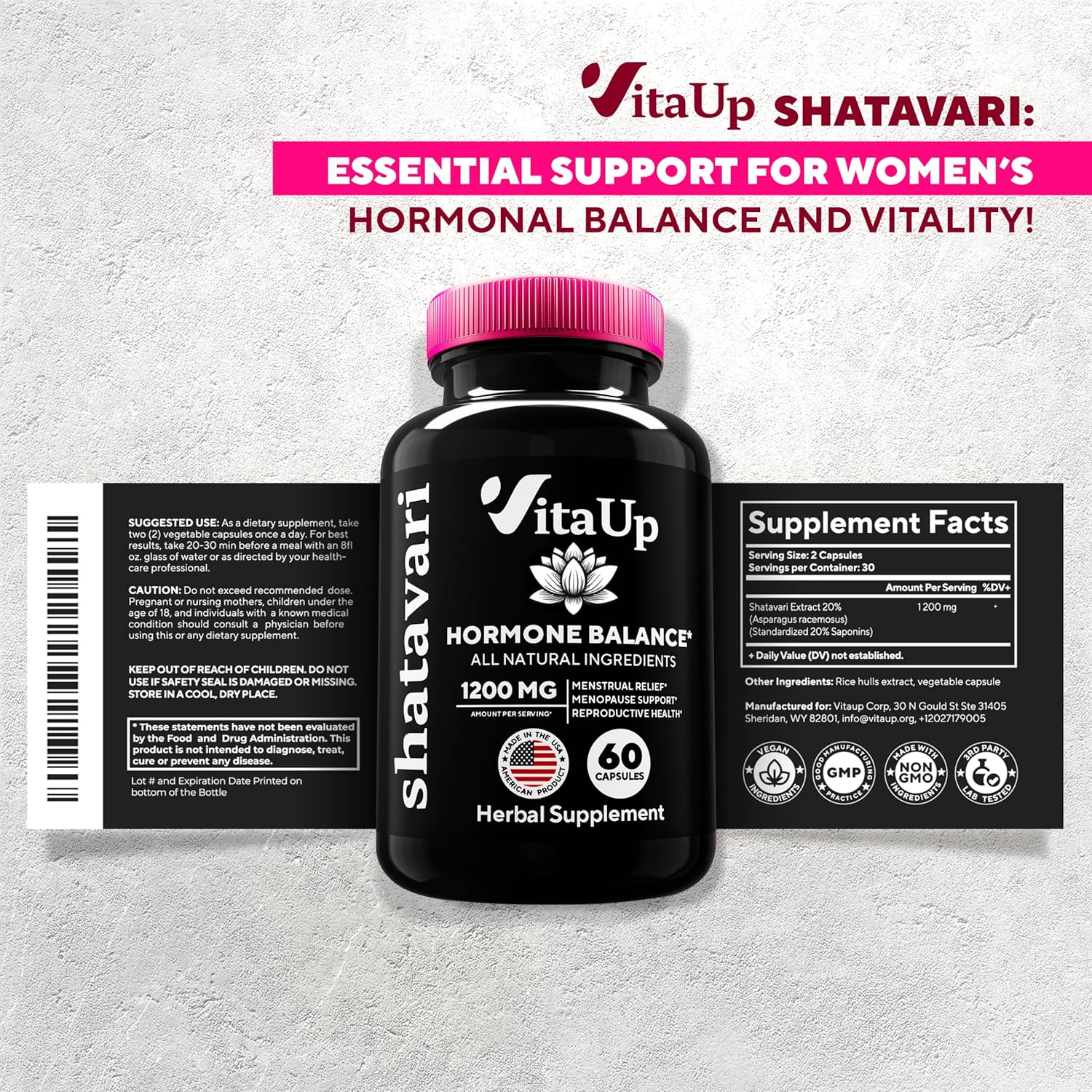 USA Made Shatavari Root Supplement Capsules - 1200mg Shatavari Extract for Women - Hormone Balance, Menopause, Menstrual Relief - 60 Capsules
