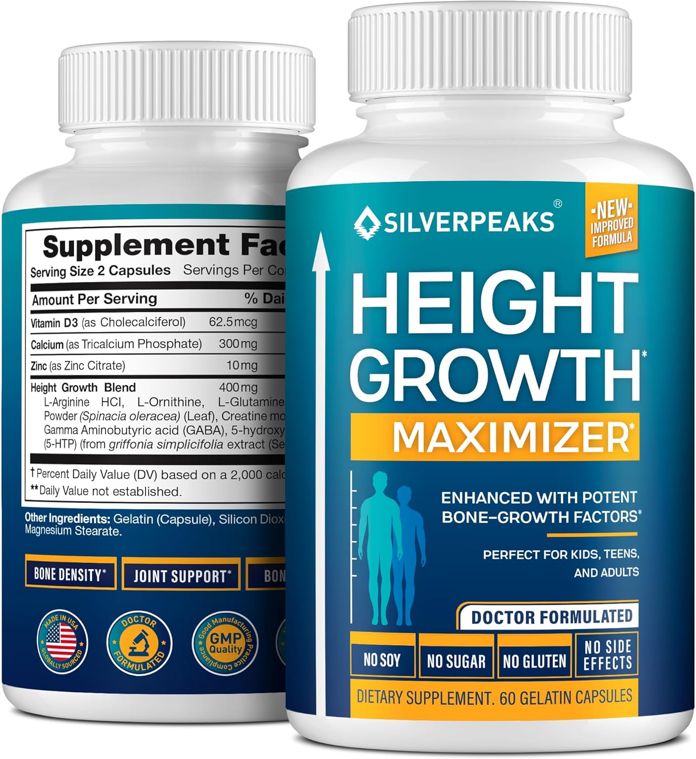 USA-Made SILVERPEAKS Growth Capsules for Height Growth - Natural Calcium Maximizer for Bone Strength - Boost Bone Growth with this Get Taller Supplement - Hormone-Free Formula