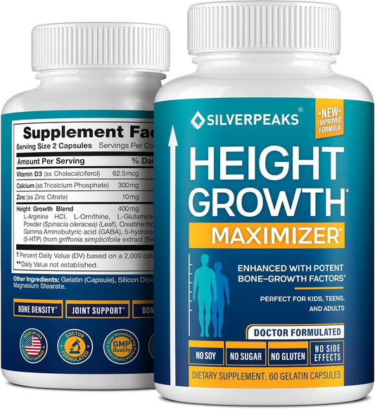 USA-Made SILVERPEAKS Growth Capsules for Height Growth - Natural Calcium Maximizer for Bone Strength - Boost Bone Growth with this Get Taller Supplement - Hormone-Free Formula