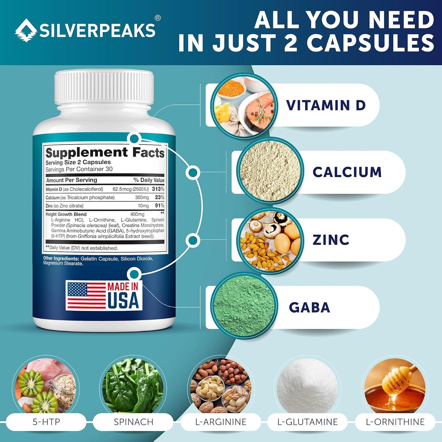 USA-Made SILVERPEAKS Growth Capsules for Height Growth - Natural Calcium Maximizer for Bone Strength - Boost Bone Growth with this Get Taller Supplement - Hormone-Free Formula