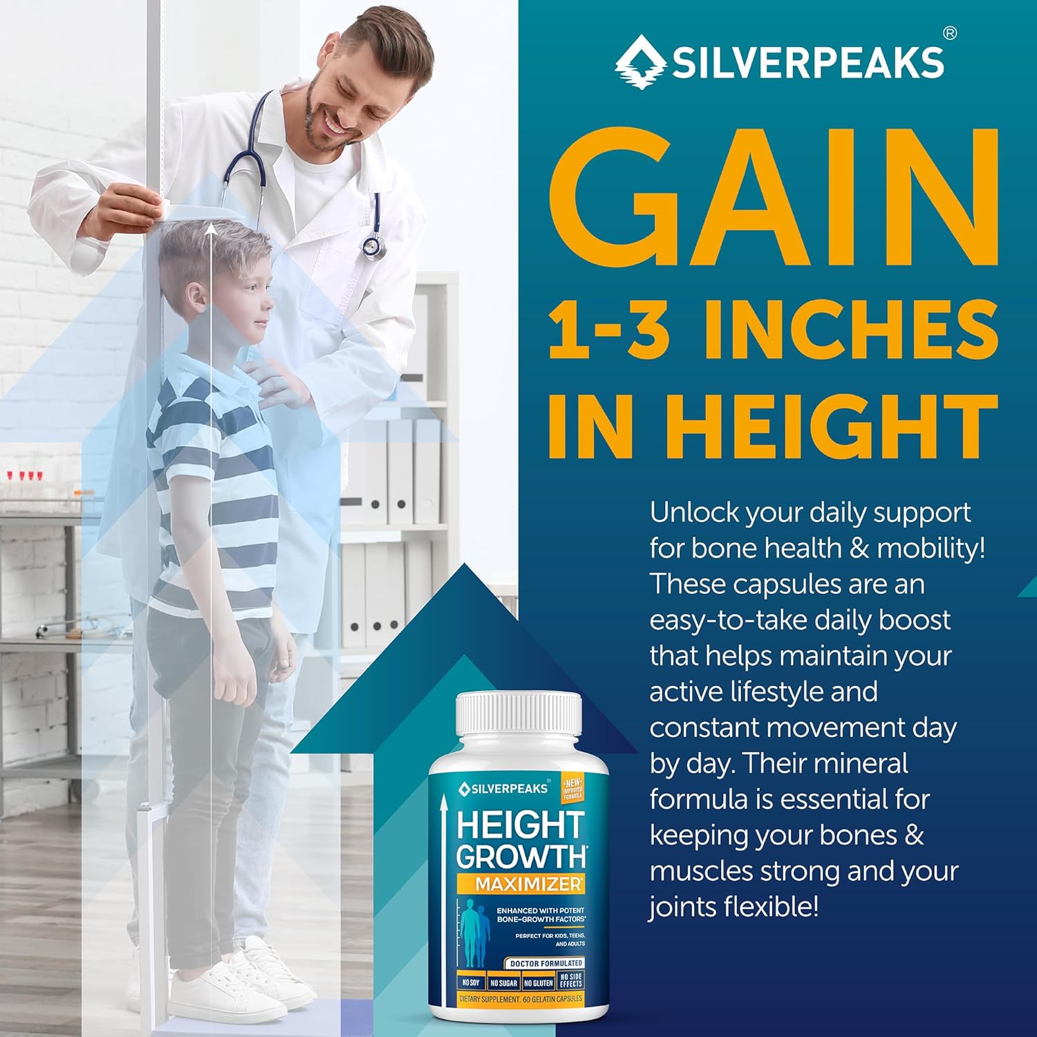 USA-Made SILVERPEAKS Growth Capsules for Height Growth - Natural Calcium Maximizer for Bone Strength - Boost Bone Growth with this Get Taller Supplement - Hormone-Free Formula