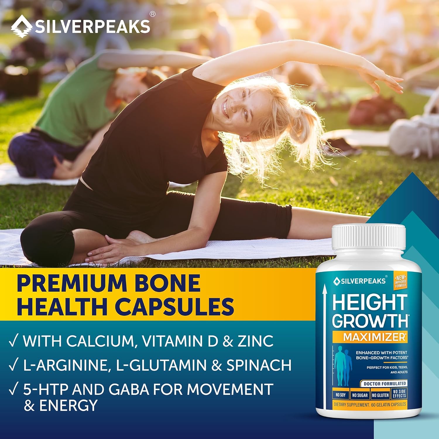 USA-Made SILVERPEAKS Growth Capsules for Height Growth - Natural Calcium Maximizer for Bone Strength - Boost Bone Growth with this Get Taller Supplement - Hormone-Free Formula