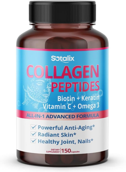 USA Made Sotalix Collagen Peptides Supplement with Biotin, Keratin, Vitamin C, Omega 3 for Skin, Joints, Nails - 16,780mg - 150-day Supply
