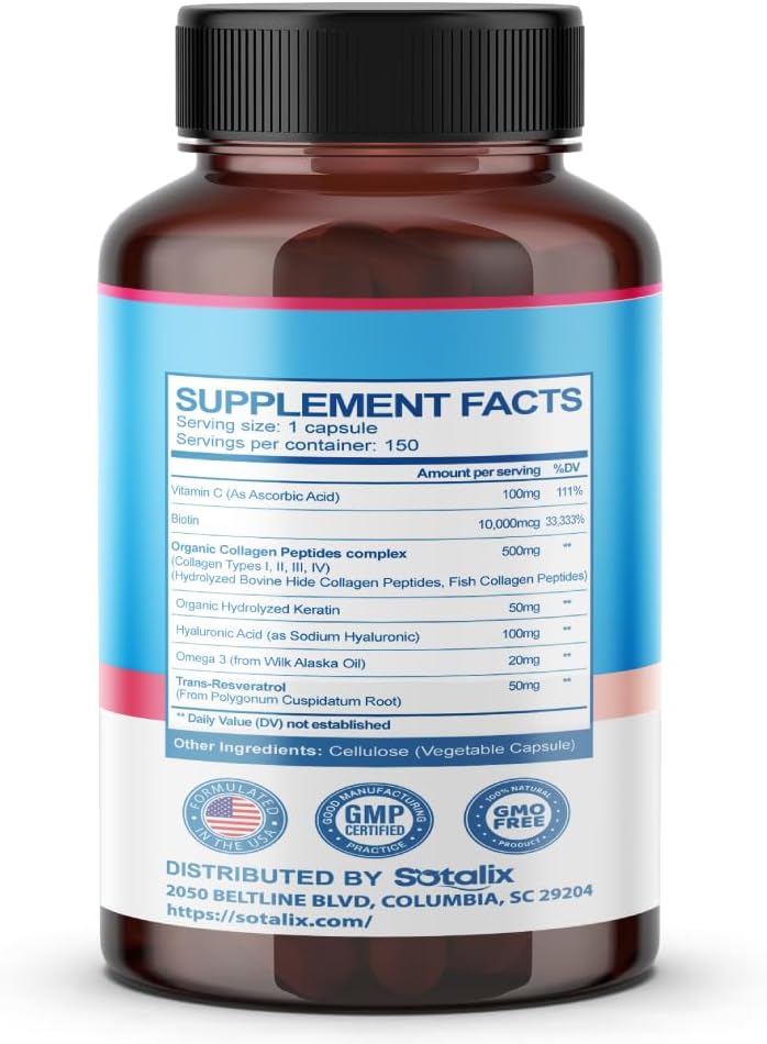 USA Made Sotalix Collagen Peptides Supplement with Biotin, Keratin, Vitamin C, Omega 3 for Skin, Joints, Nails - 16,780mg - 150-day Supply