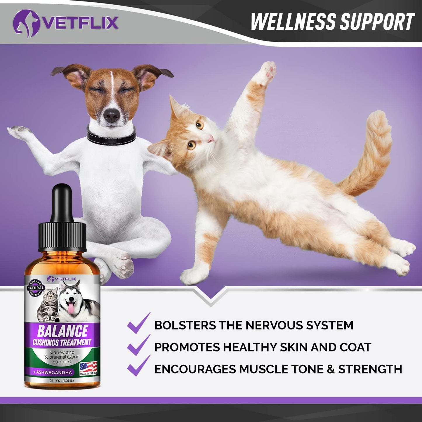 USA-Made Vetflix Pet Adrenal Support: Kidney & Cushings Treatment for Dogs & Cats