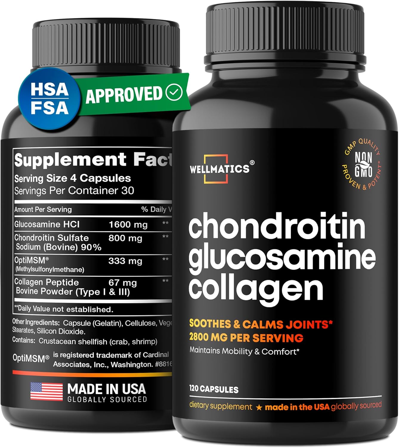 USA-Made Wellmatics Glucosamine Chondroitin MSM Capsules for Joint Support - FSA/HSA Eligible - 120 Capsules for Back, Knees, Hands