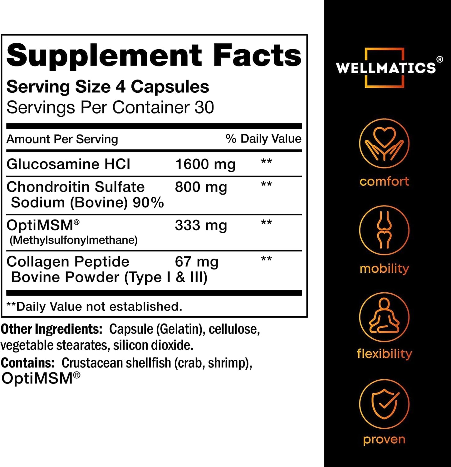 USA-Made Wellmatics Glucosamine Chondroitin MSM Capsules for Joint Support - FSA/HSA Eligible - 120 Capsules for Back, Knees, Hands