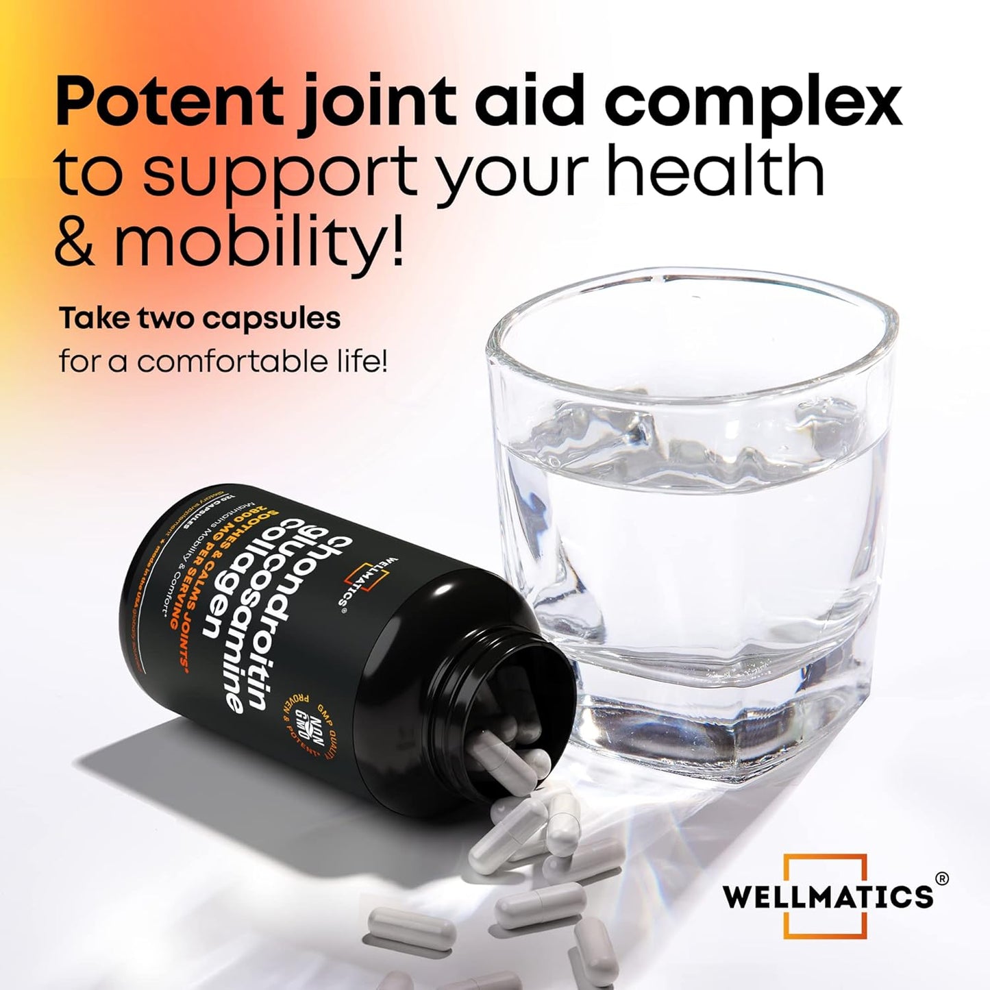 USA-Made Wellmatics Glucosamine Chondroitin MSM Capsules for Joint Support - FSA/HSA Eligible - 120 Capsules for Back, Knees, Hands