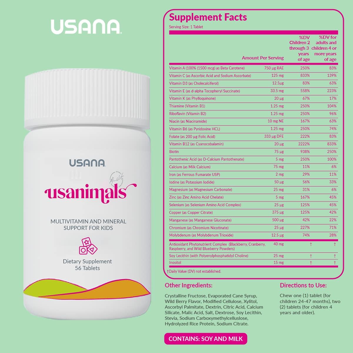 USANA Usanimals Multivitamin for Kids - Chewable Tablets with Essential Nutrients for Ages 2-12 - Supports Immune, Bone, Brain Health - 56 Tablets