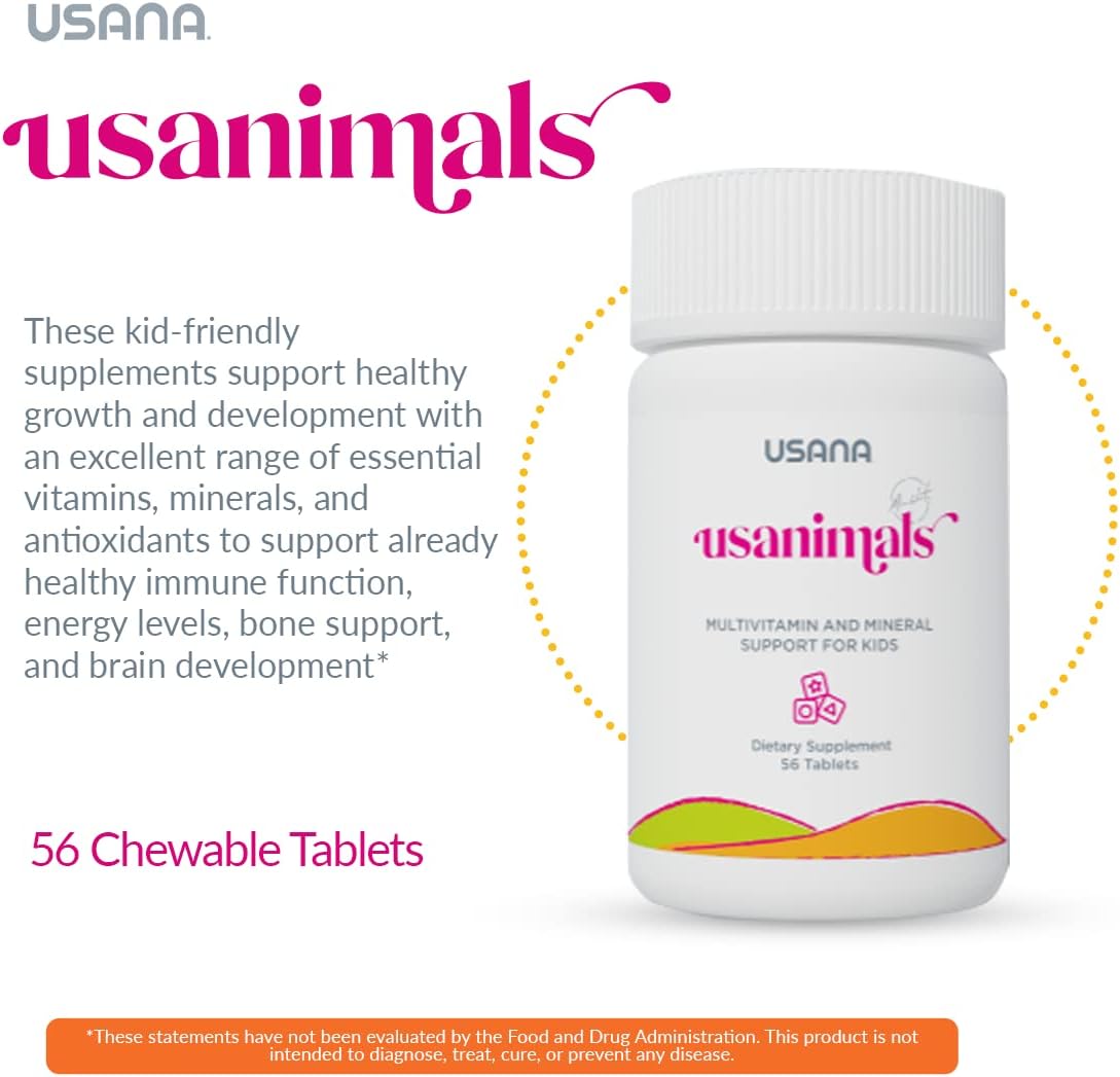 USANA Usanimals Multivitamin for Kids - Chewable Tablets with Essential Nutrients for Ages 2-12 - Supports Immune, Bone, Brain Health - 56 Tablets