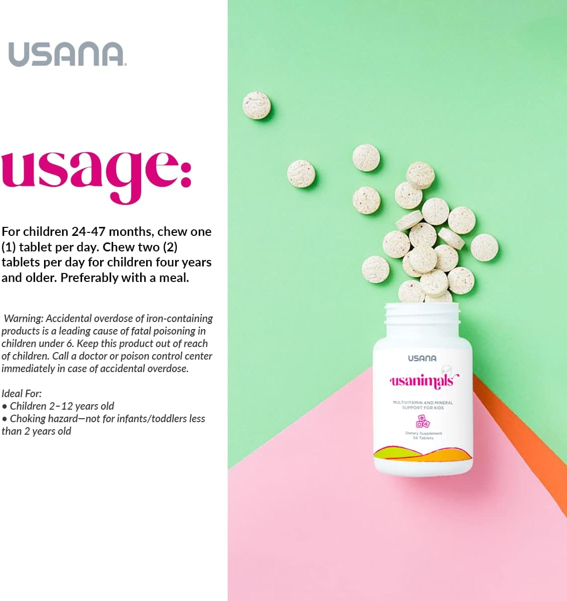 USANA Usanimals Multivitamin for Kids - Chewable Tablets with Essential Nutrients for Ages 2-12 - Supports Immune, Bone, Brain Health - 56 Tablets