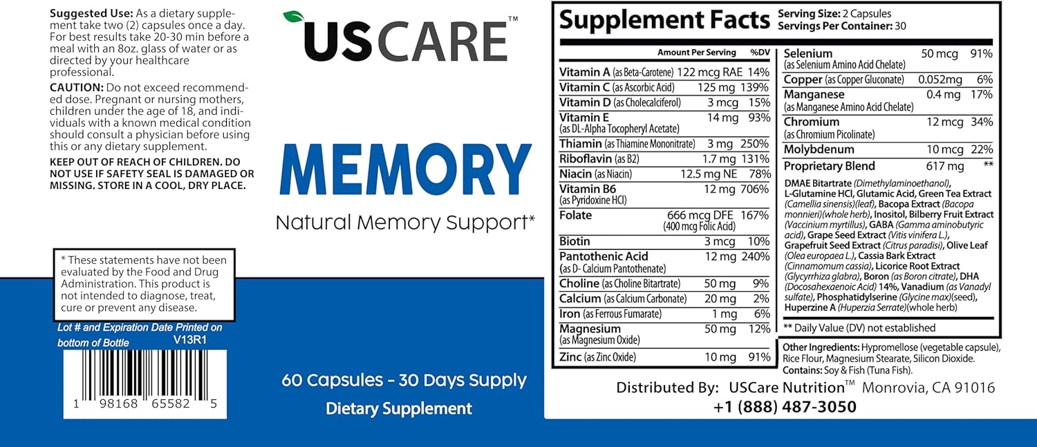 USCare Memory: Natural Memory Support with 40 Unique Nootropic Ingredients incl. Phosphatidylserine & Bacopa Monnieri