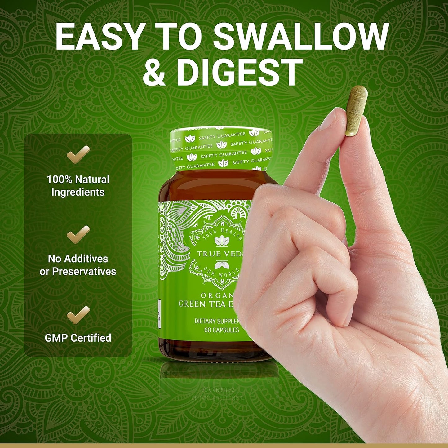 USDA Certified Green Tea Capsules with EGCG Extract - 60 Organic Green Tea Pills with 50% Polyphenols for EGCG Supplements