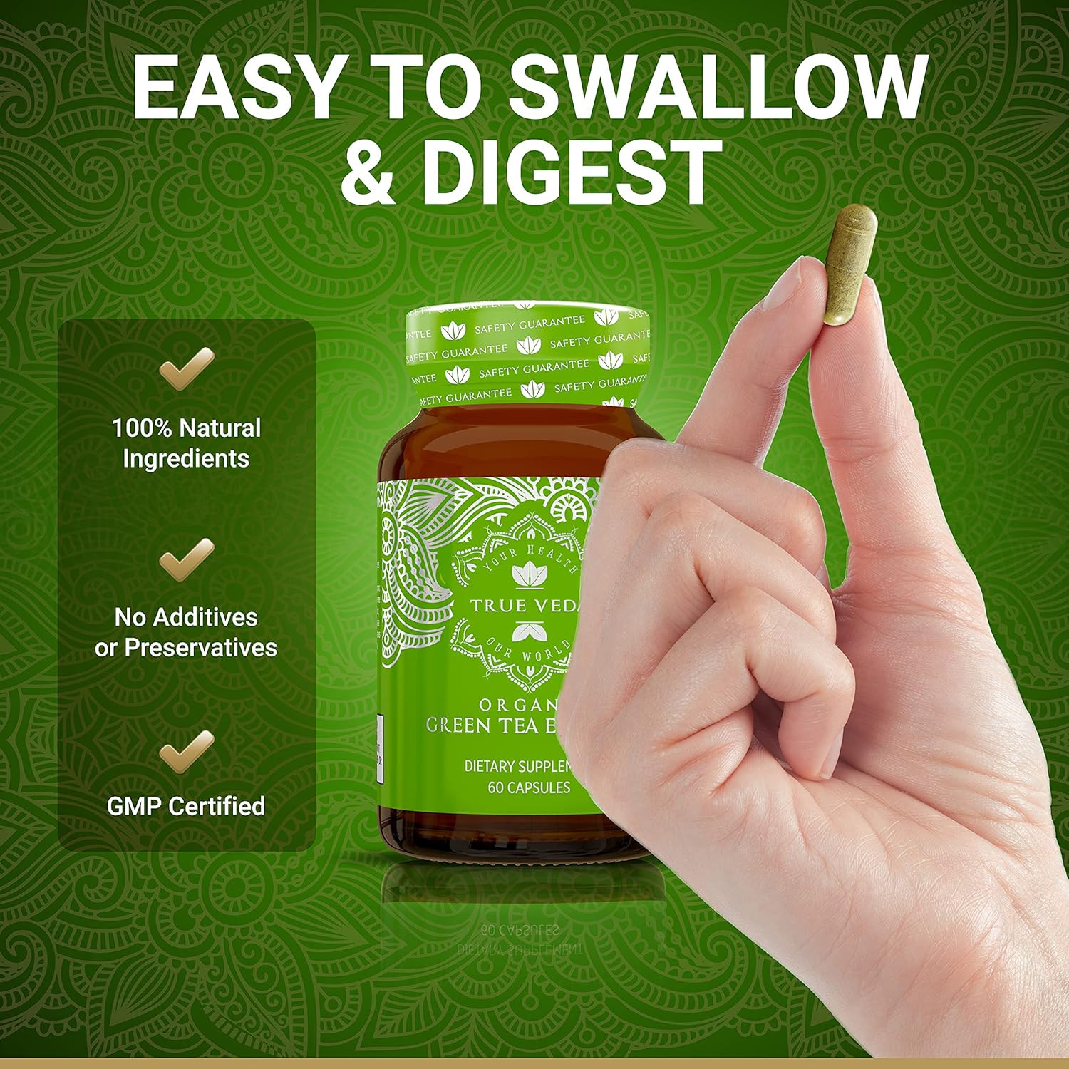 USDA Certified Green Tea Capsules with EGCG Extract - 60 Organic Green Tea Pills with 50% Polyphenols for EGCG Supplements