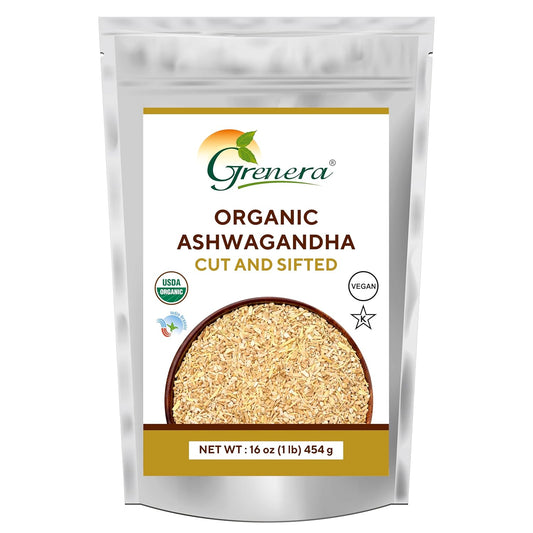 USDA Certified Grenera Organic Ashwagandha Root C/S 1 lb - Withania Somnifera for Herbal Tea - 3 to 5 mm Size