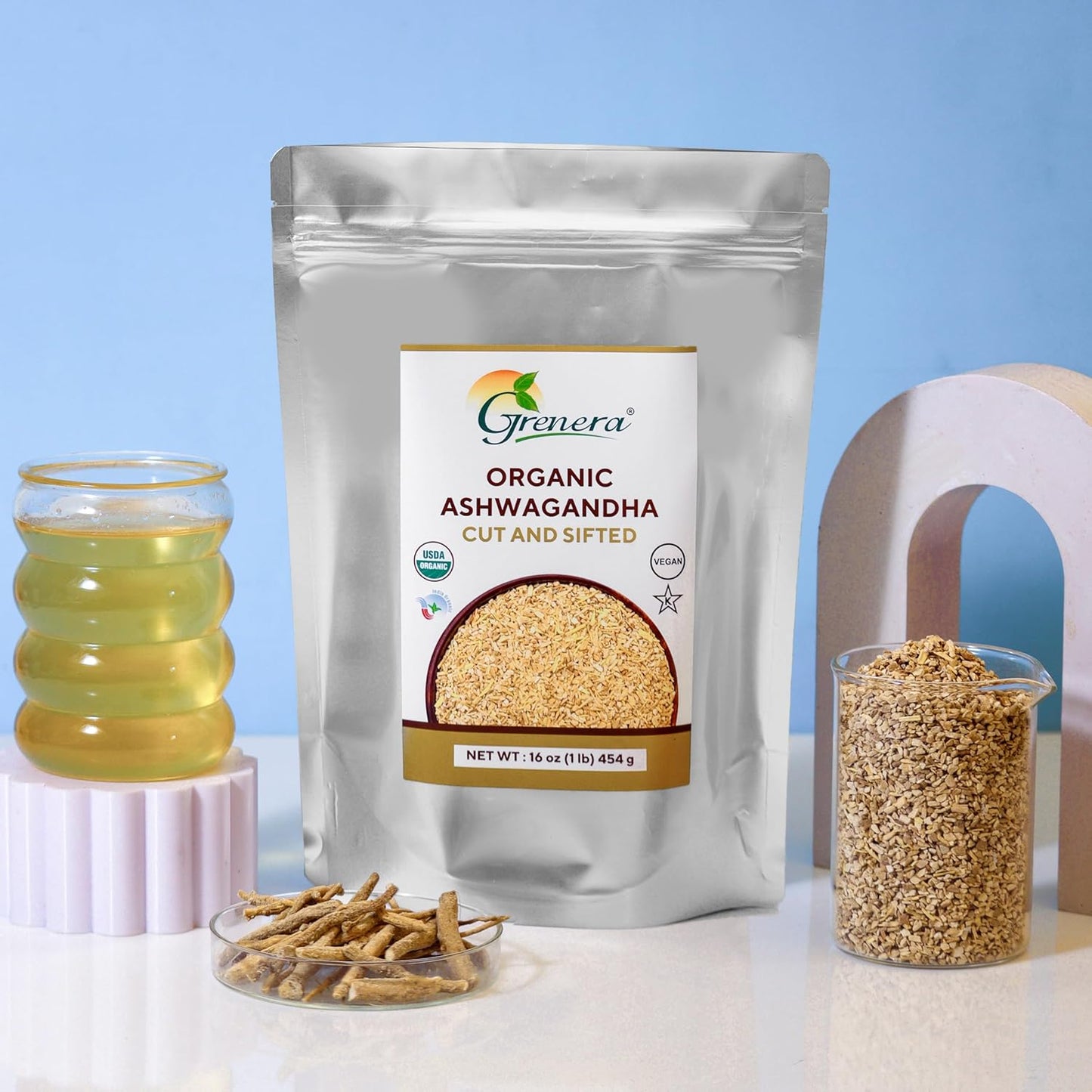 USDA Certified Grenera Organic Ashwagandha Root C/S 1 lb - Withania Somnifera for Herbal Tea - 3 to 5 mm Size