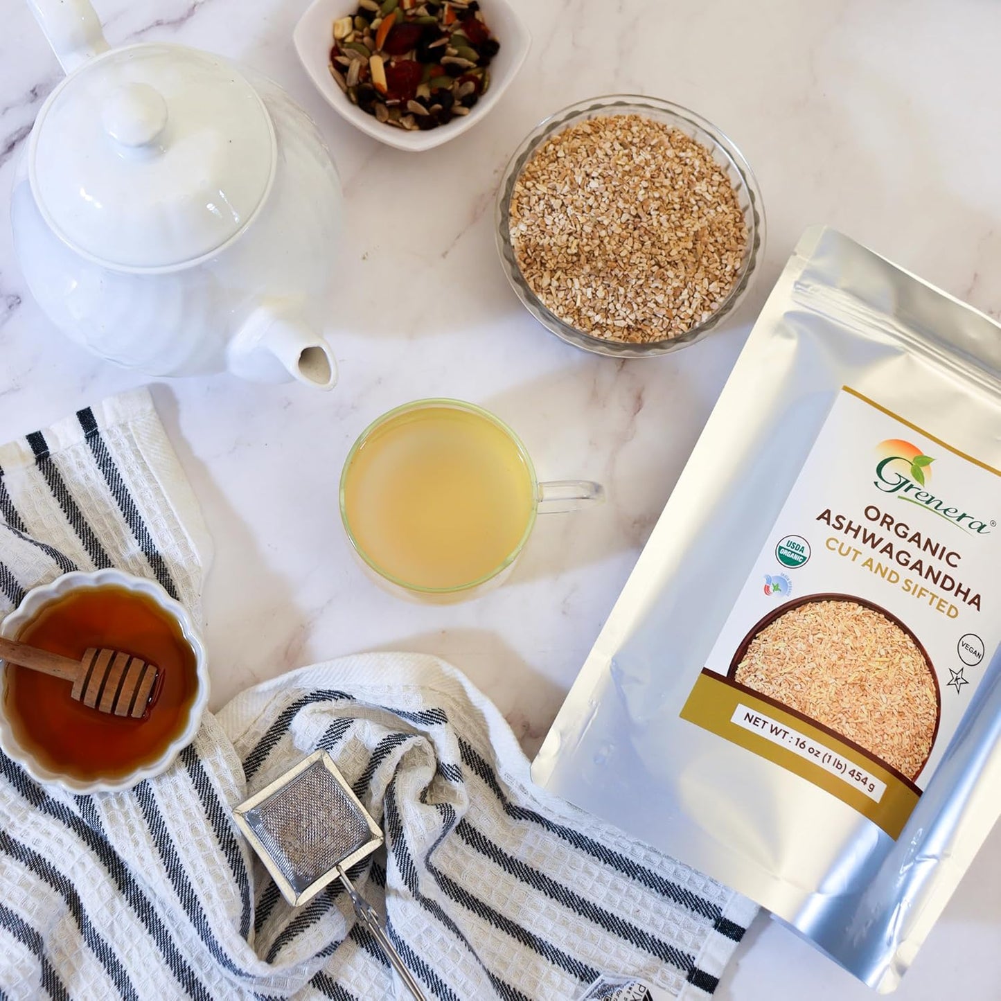 USDA Certified Grenera Organic Ashwagandha Root C/S 1 lb - Withania Somnifera for Herbal Tea - 3 to 5 mm Size