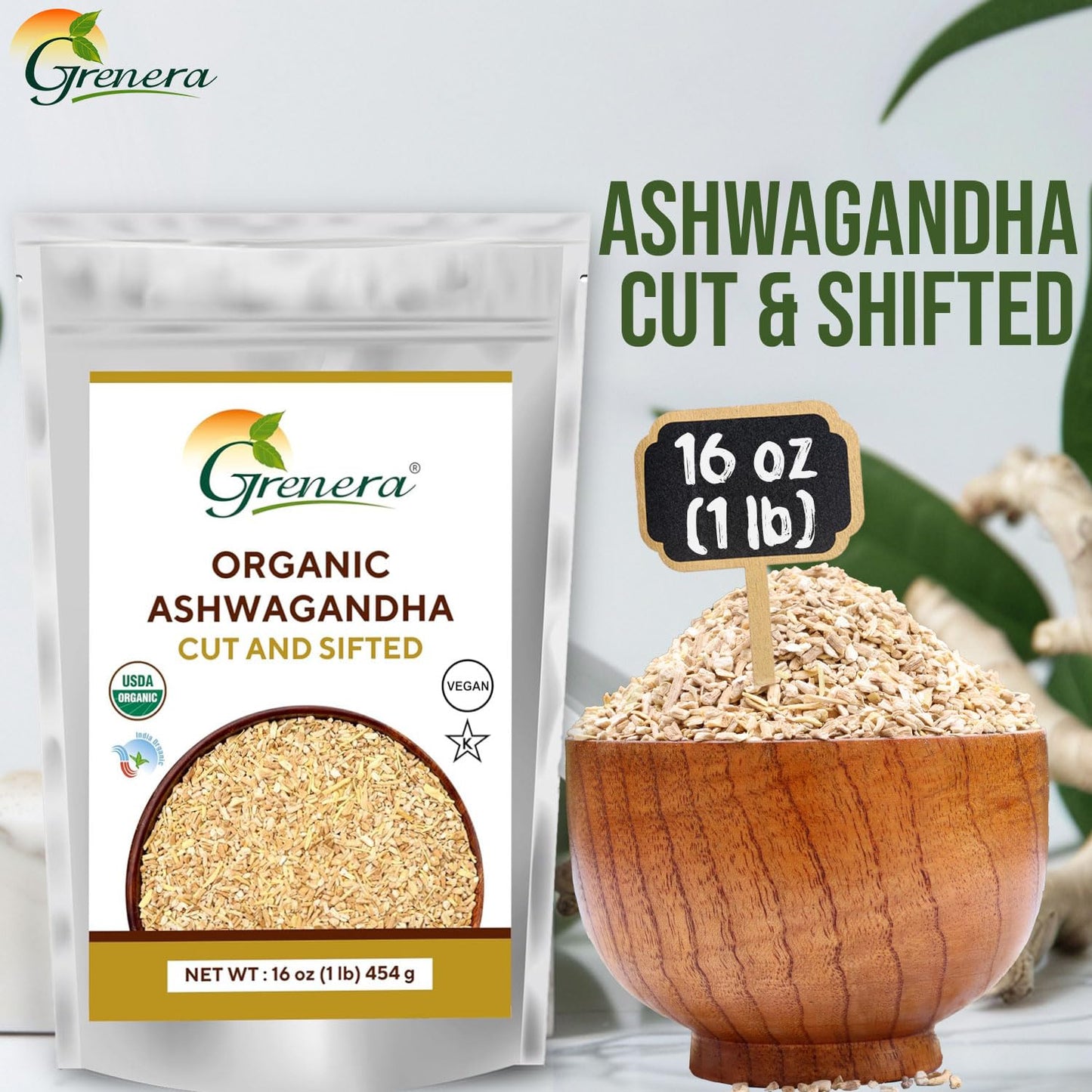 USDA Certified Grenera Organic Ashwagandha Root C/S 1 lb - Withania Somnifera for Herbal Tea - 3 to 5 mm Size