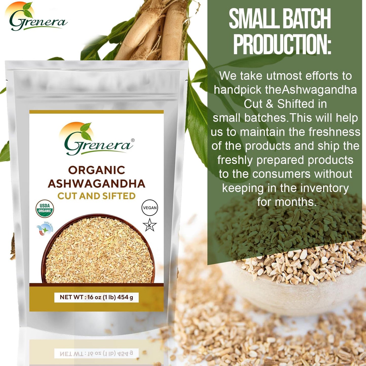 USDA Certified Grenera Organic Ashwagandha Root C/S 1 lb - Withania Somnifera for Herbal Tea - 3 to 5 mm Size