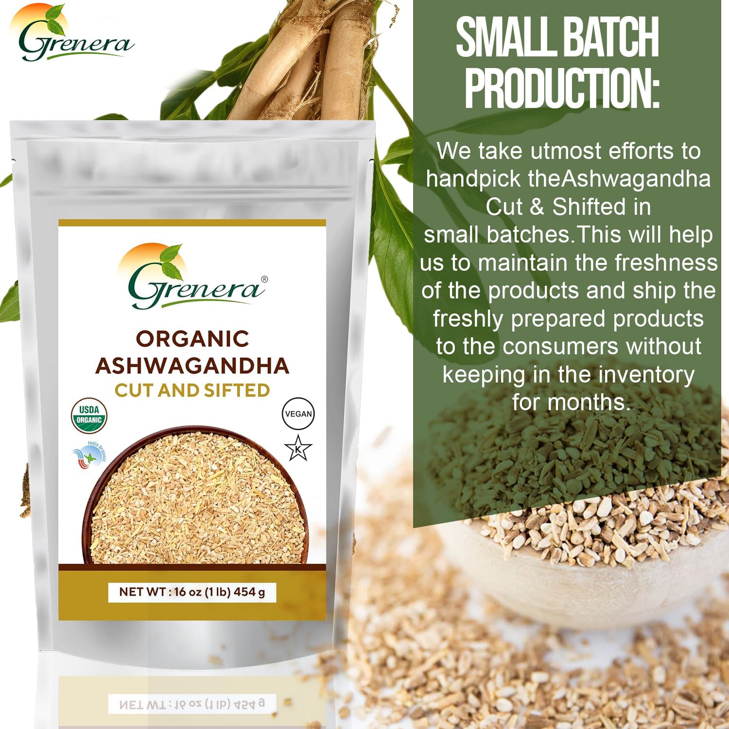 USDA Certified Grenera Organic Ashwagandha Root C/S 1 lb - Withania Somnifera for Herbal Tea - 3 to 5 mm Size