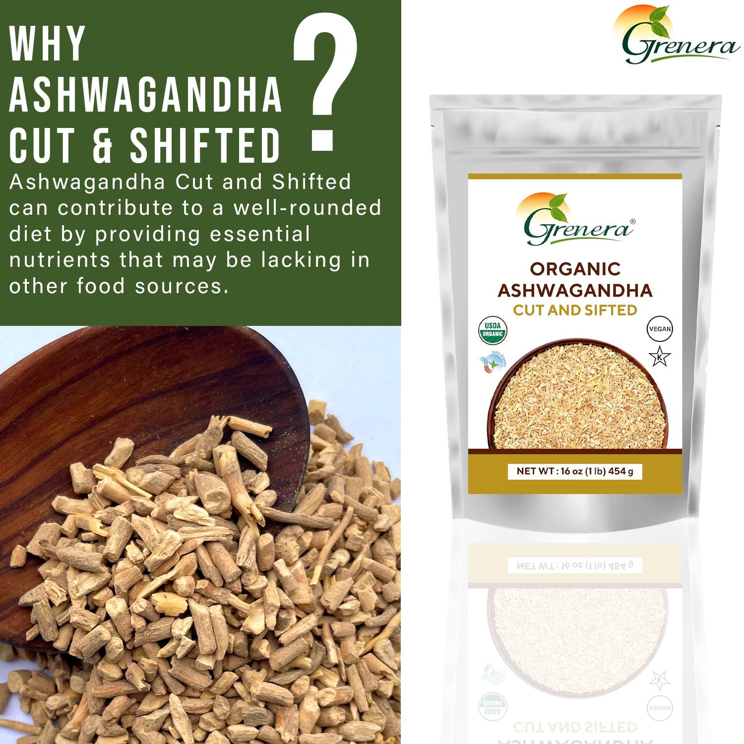 USDA Certified Grenera Organic Ashwagandha Root C/S 1 lb - Withania Somnifera for Herbal Tea - 3 to 5 mm Size