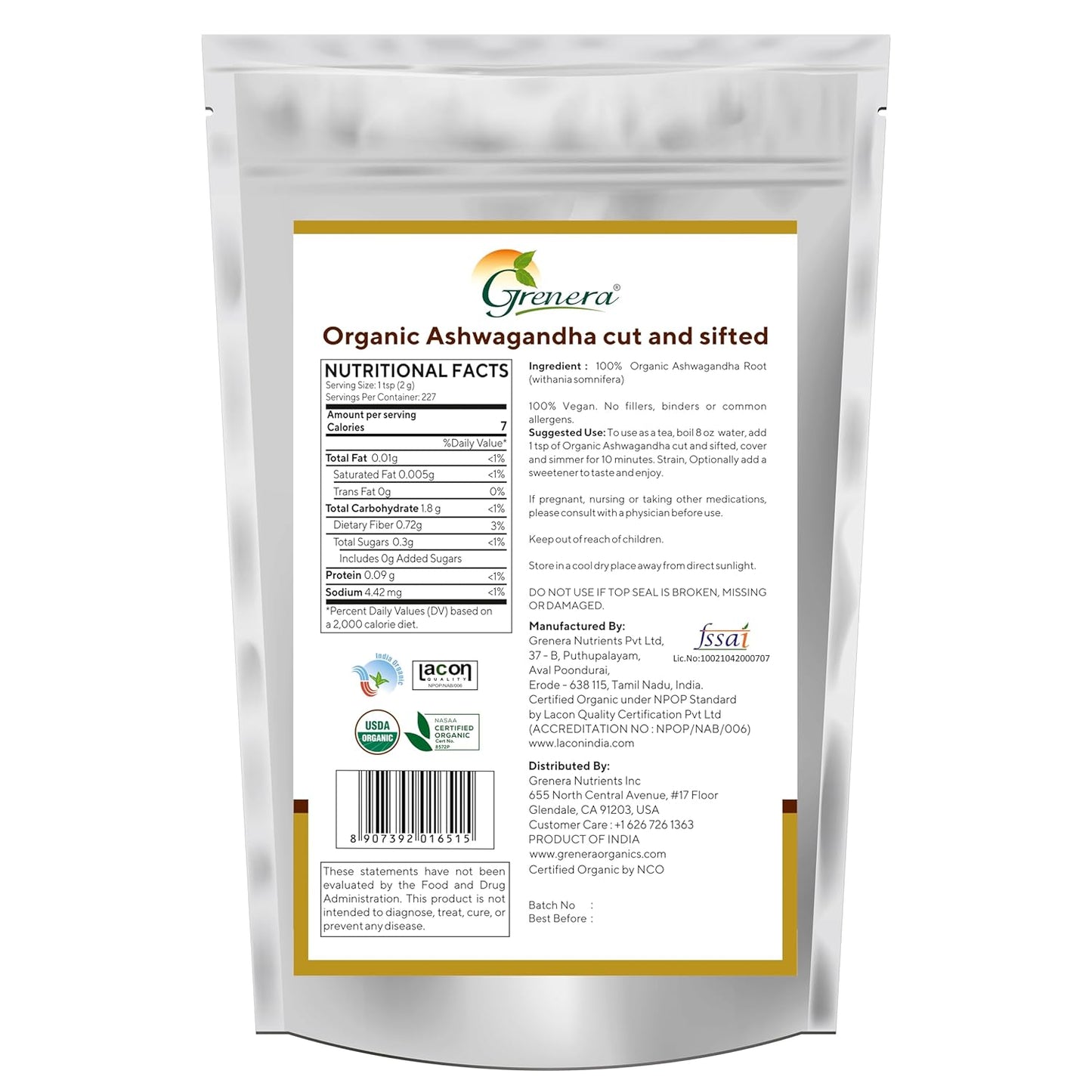USDA Certified Grenera Organic Ashwagandha Root C/S 1 lb - Withania Somnifera for Herbal Tea - 3 to 5 mm Size