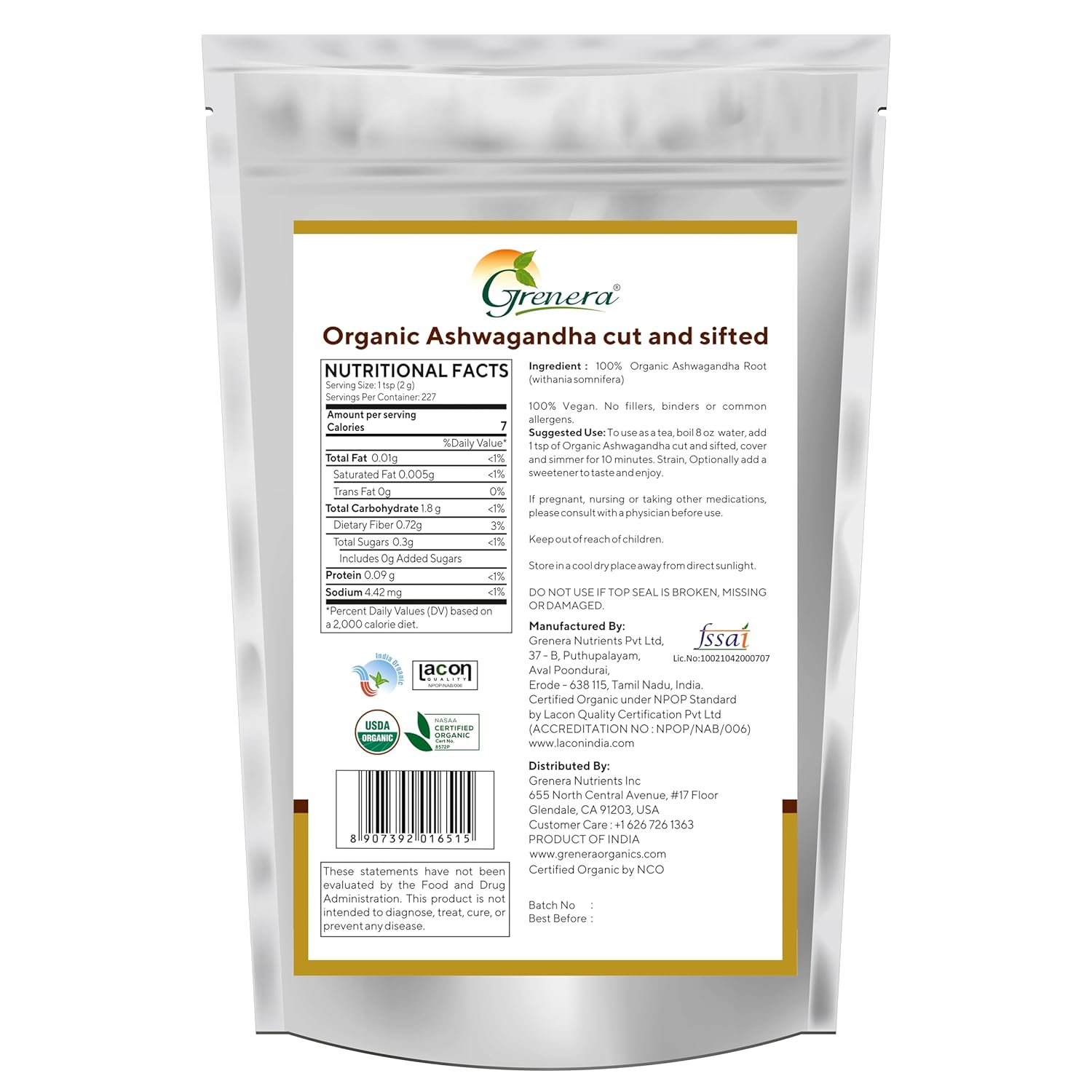 USDA Certified Grenera Organic Ashwagandha Root C/S 1 lb - Withania Somnifera for Herbal Tea - 3 to 5 mm Size