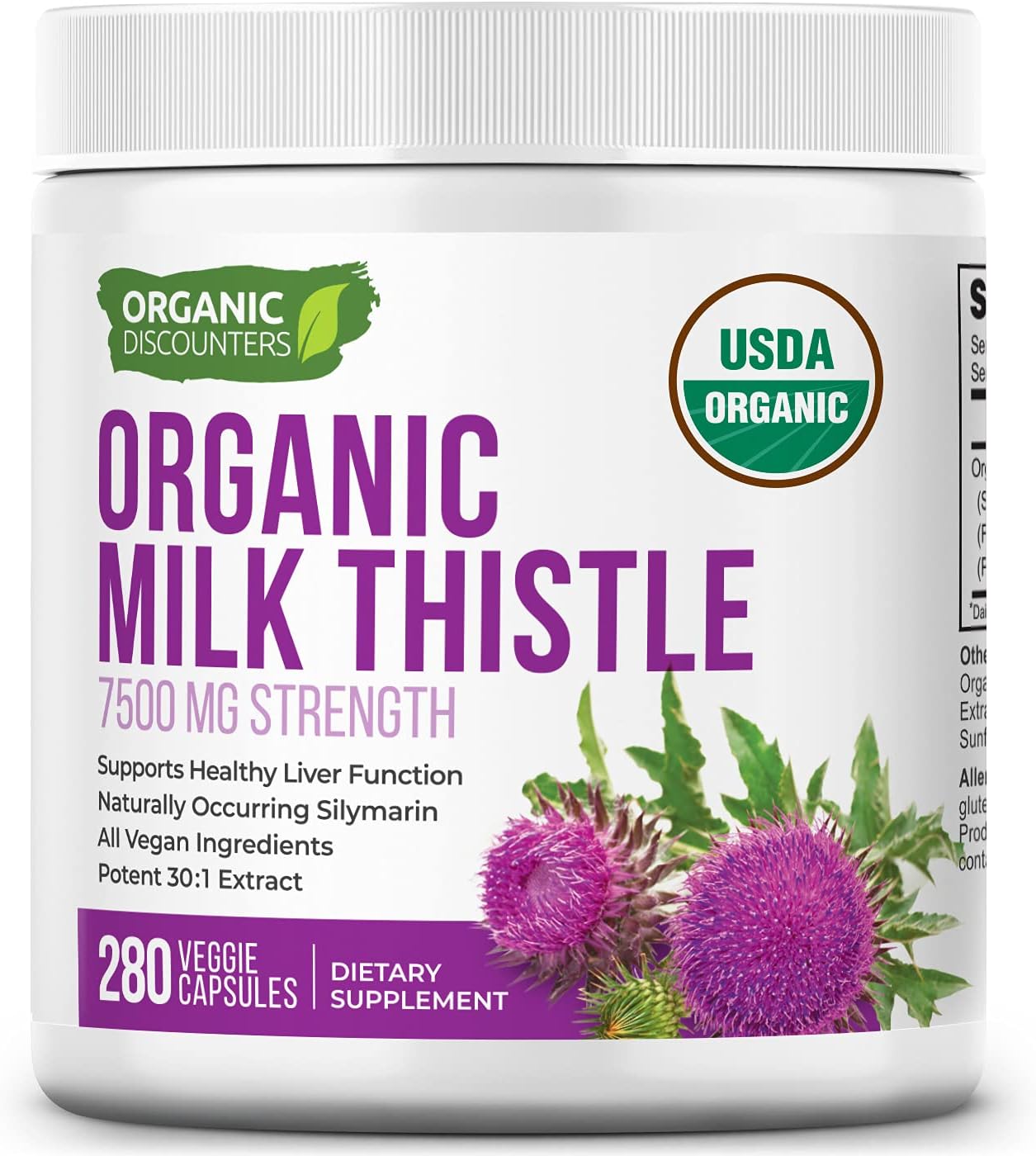 USDA Certified Organic Milk Thistle Capsules - 280 Count, 7500mg Strength, Vegan & Non-GMO - Rich in Silymarin Flavonoids - All-Natural Herbal Supplement