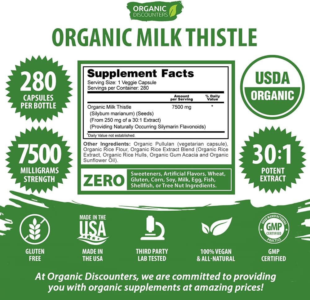 USDA Certified Organic Milk Thistle Capsules - 280 Count, 7500mg Strength, Vegan & Non-GMO - Rich in Silymarin Flavonoids - All-Natural Herbal Supplement