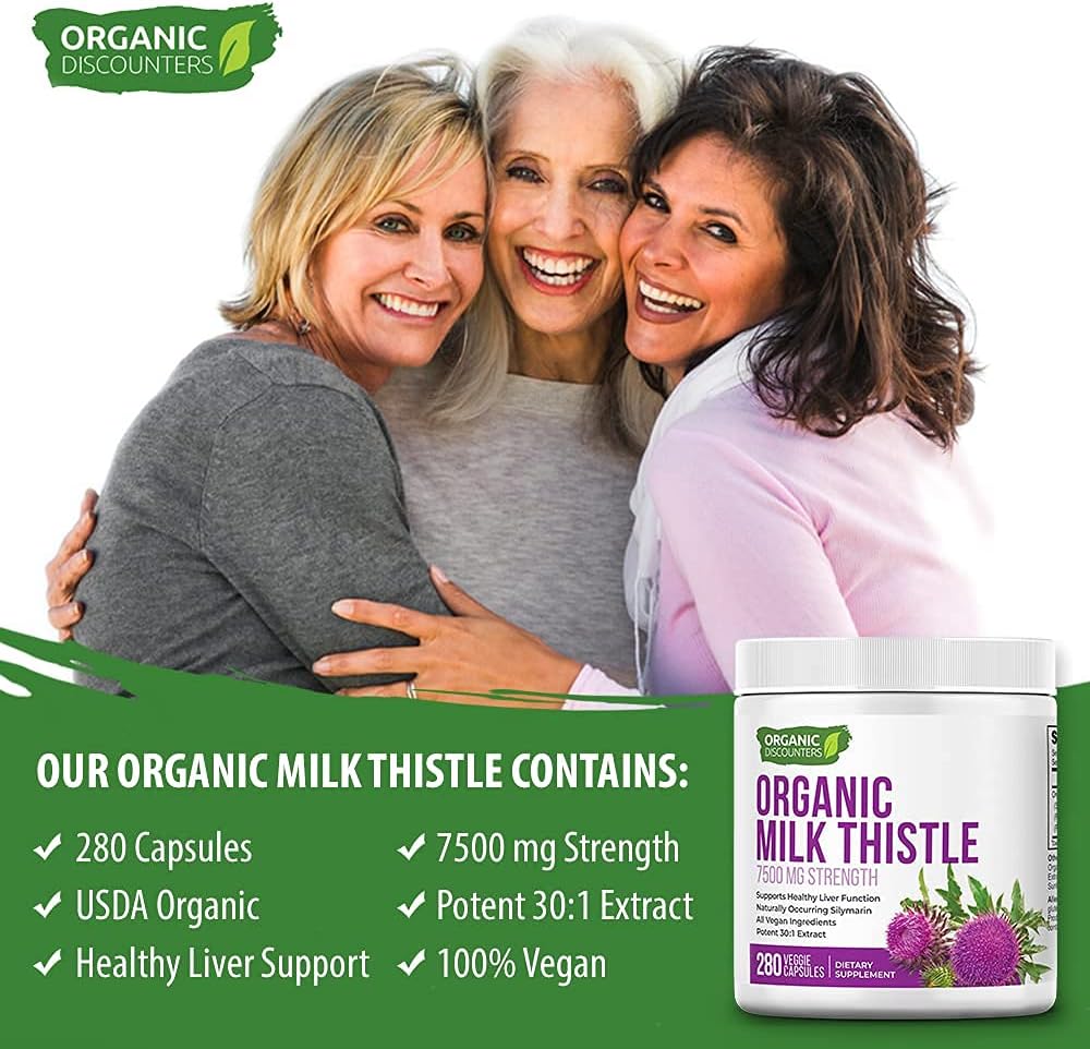 USDA Certified Organic Milk Thistle Capsules - 280 Count, 7500mg Strength, Vegan & Non-GMO - Rich in Silymarin Flavonoids - All-Natural Herbal Supplement