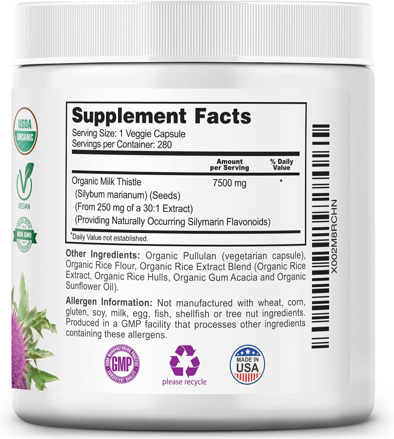 USDA Certified Organic Milk Thistle Capsules - 280 Count, 7500mg Strength, Vegan & Non-GMO - Rich in Silymarin Flavonoids - All-Natural Herbal Supplement