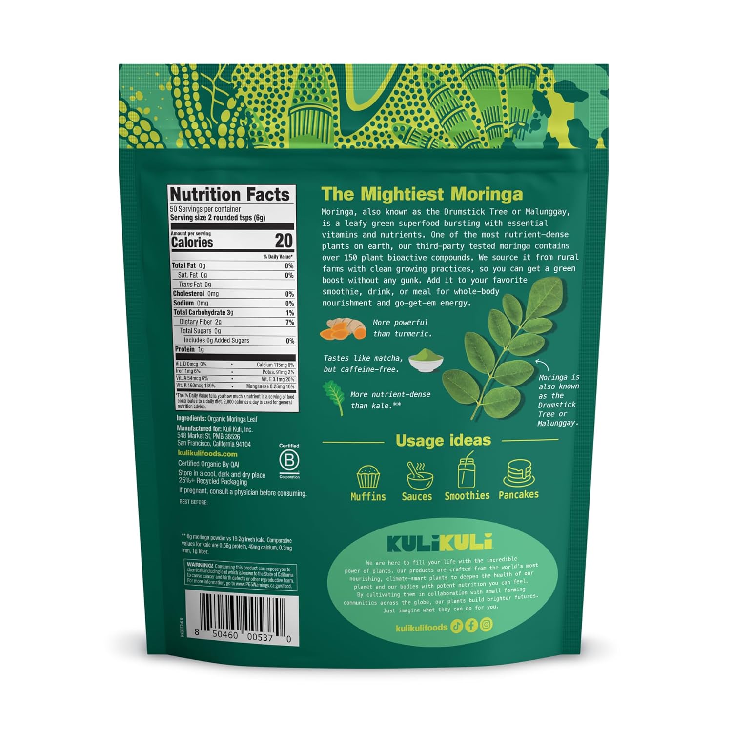 USDA Certified Organic Moringa Leaf Powder for Smoothies, Tea, Food - 100% Pure & Non-GMO - 10.6 oz Pack