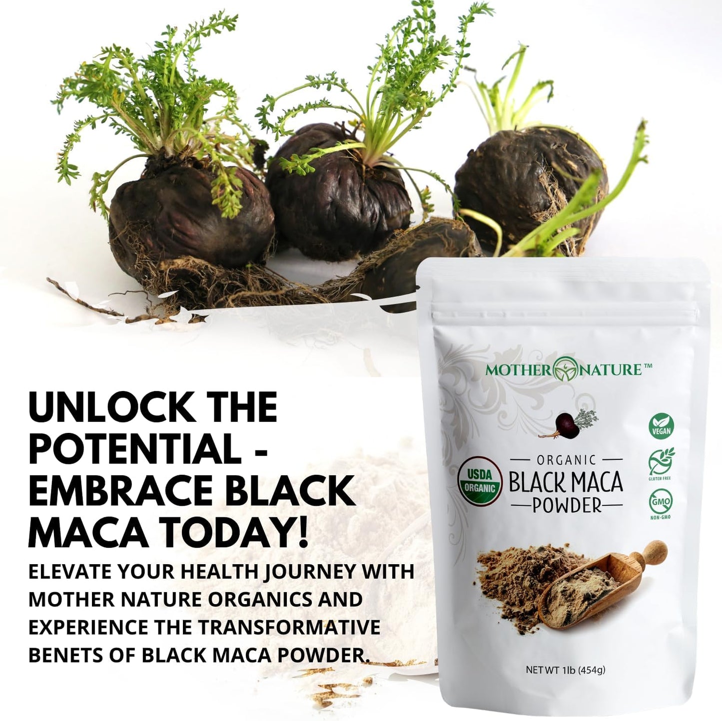 USDA Certified Organic Raw Peruvian Black Maca Root Powder - Premium Superfood for Men & Women, Enhance Muscle Recovery, Boost Workouts - Non-GMO, Vegan - 16 oz