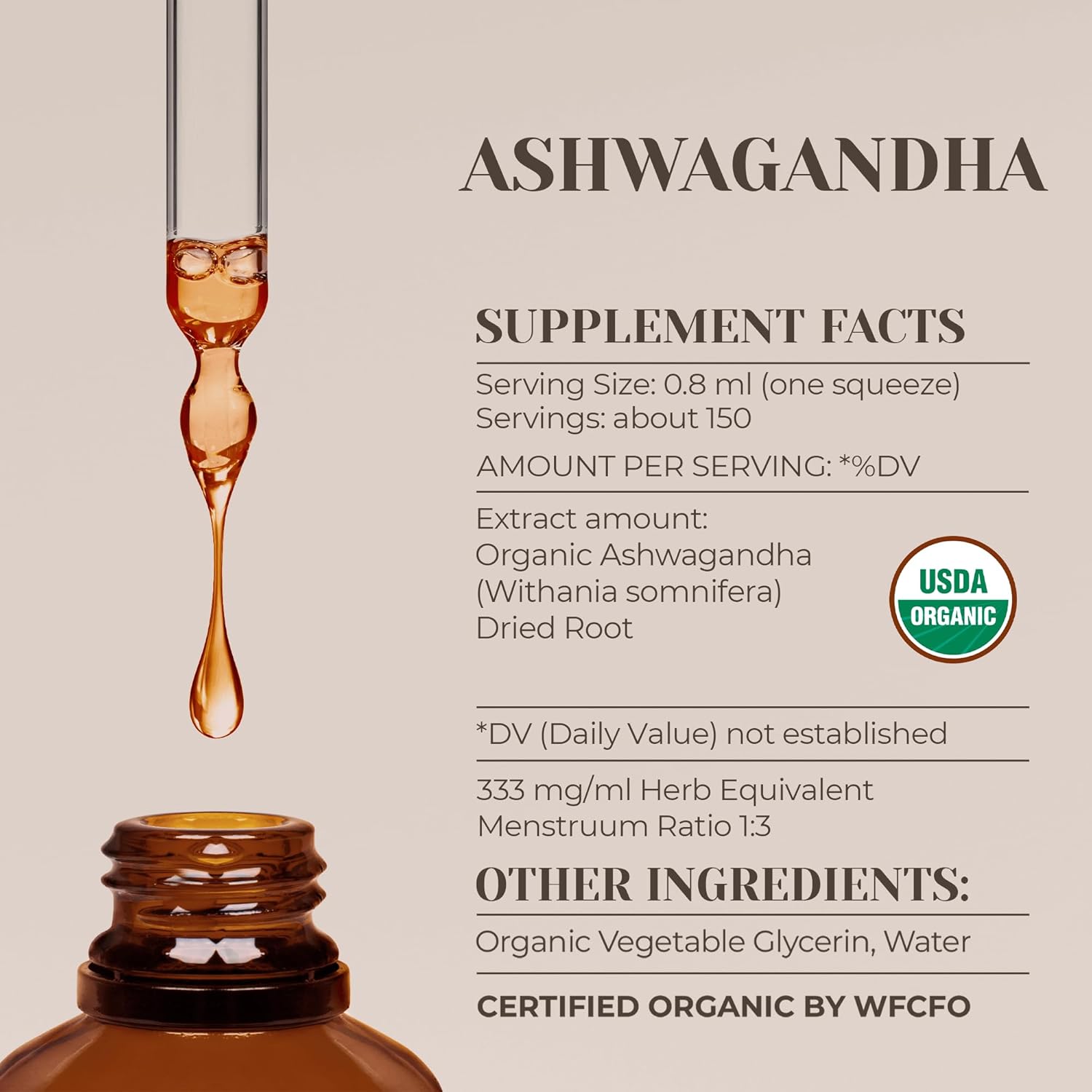 USDA Organic Alcohol-Free Ashwagandha Extract Tincture | High-Potency Dietary Supplement | Natural Certified Organic Root (4 oz)