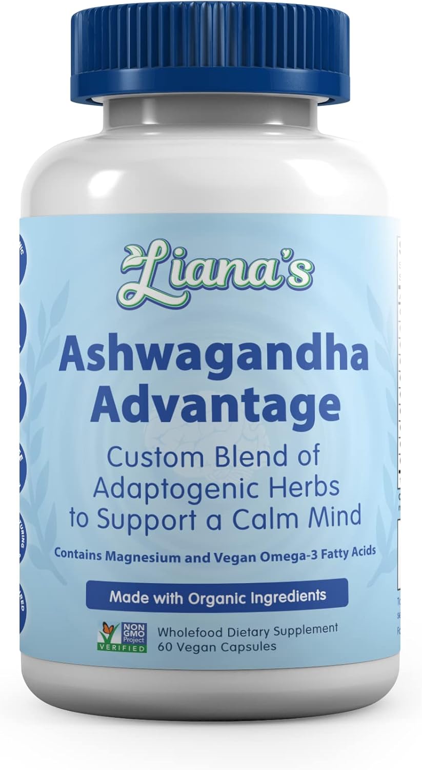 USDA Organic Ashwagandha Blend for Stress Relief & Mood Support - 60 Vegan Capsules with Turmeric & Spirulina for Adrenal Health