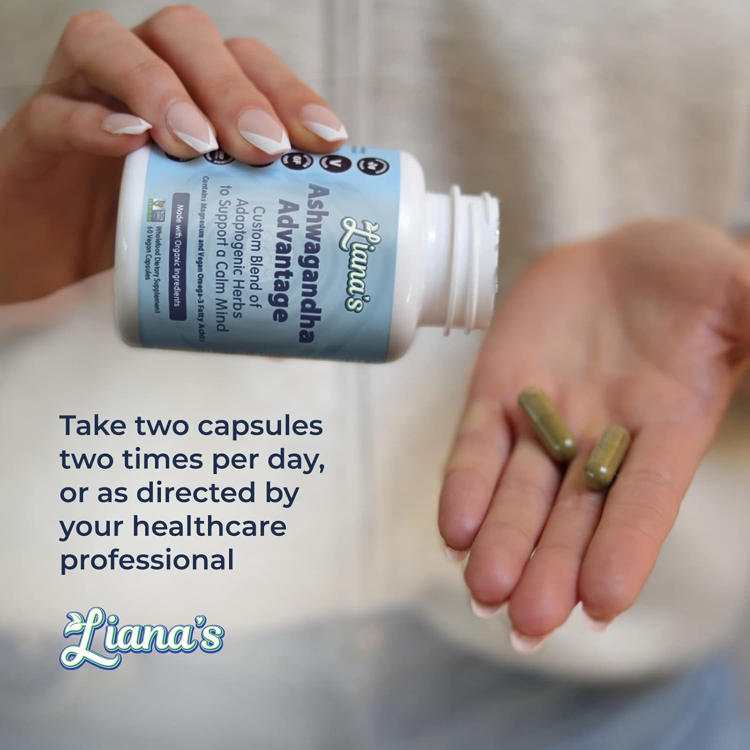 USDA Organic Ashwagandha Blend for Stress Relief & Mood Support - 60 Vegan Capsules with Turmeric & Spirulina for Adrenal Health