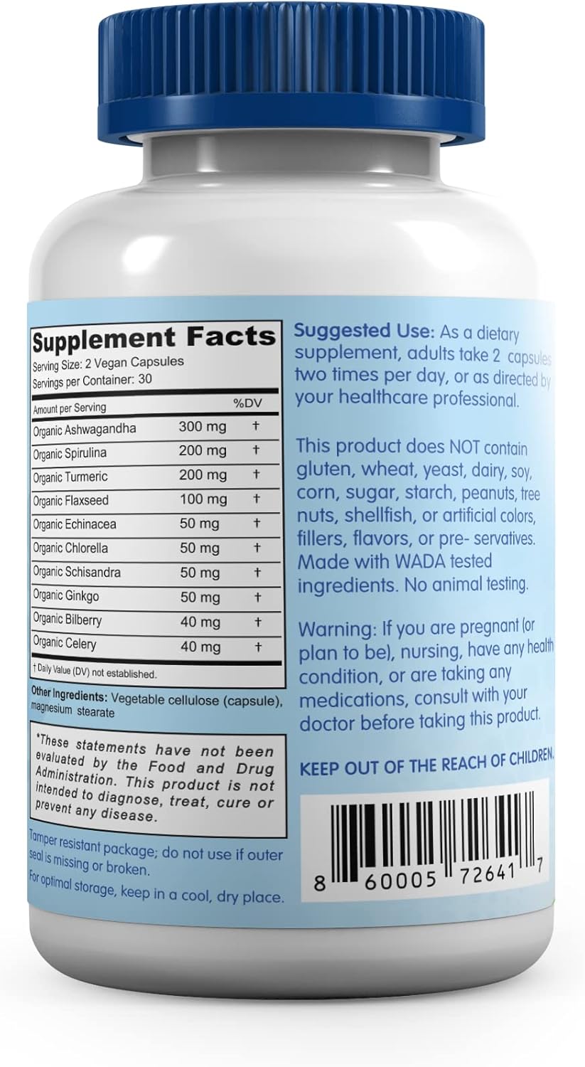 USDA Organic Ashwagandha Blend for Stress Relief & Mood Support - 60 Vegan Capsules with Turmeric & Spirulina for Adrenal Health