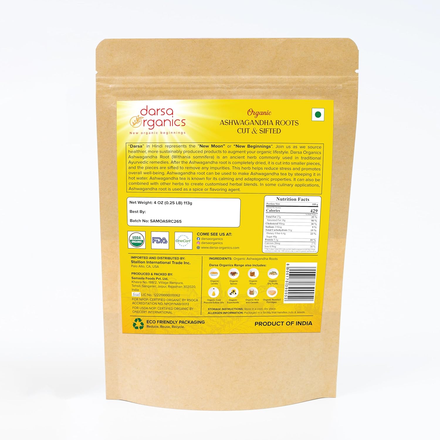 USDA Organic Ashwagandha Root 4 oz - Non-GMO Herb for Tea & Smoothies - Immunity & Digestion Support