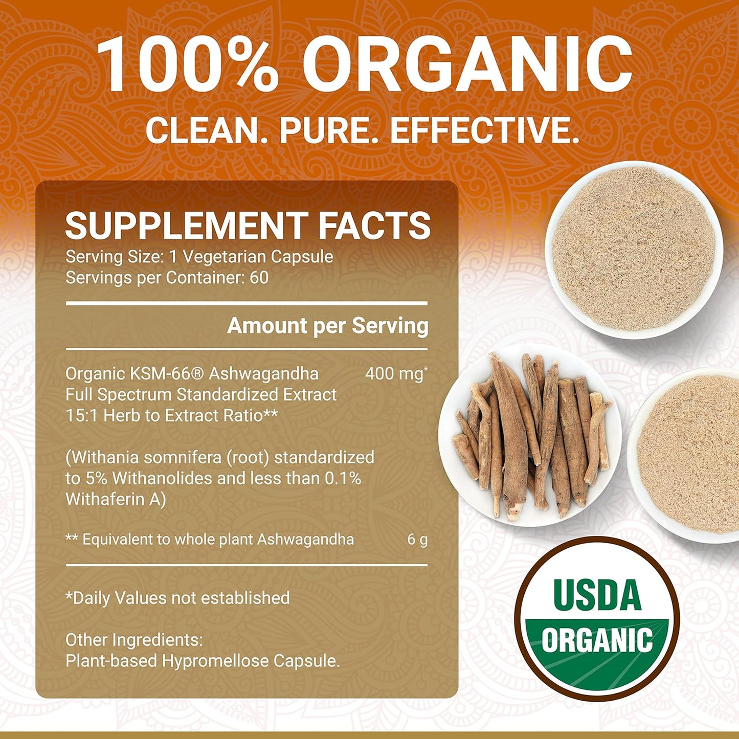 USDA Organic Ashwagandha Supplements - 60 Capsules | KSM-66 Ashwagandha | Pure Ashwagandha Vitamin | Organic Aswagandha Capsules